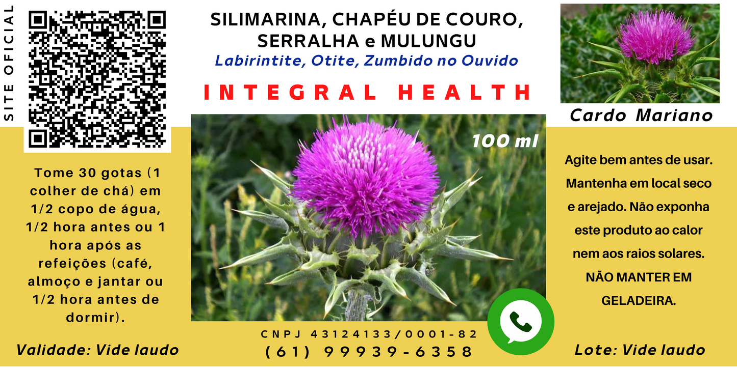 Labirintite, Otite, Cinetose, Zumbido no ouvido, 200 ml - Cardo Mariano (Silimarina), Chapéu de Couro, Serralha, Mulungu (ou Valeriana)