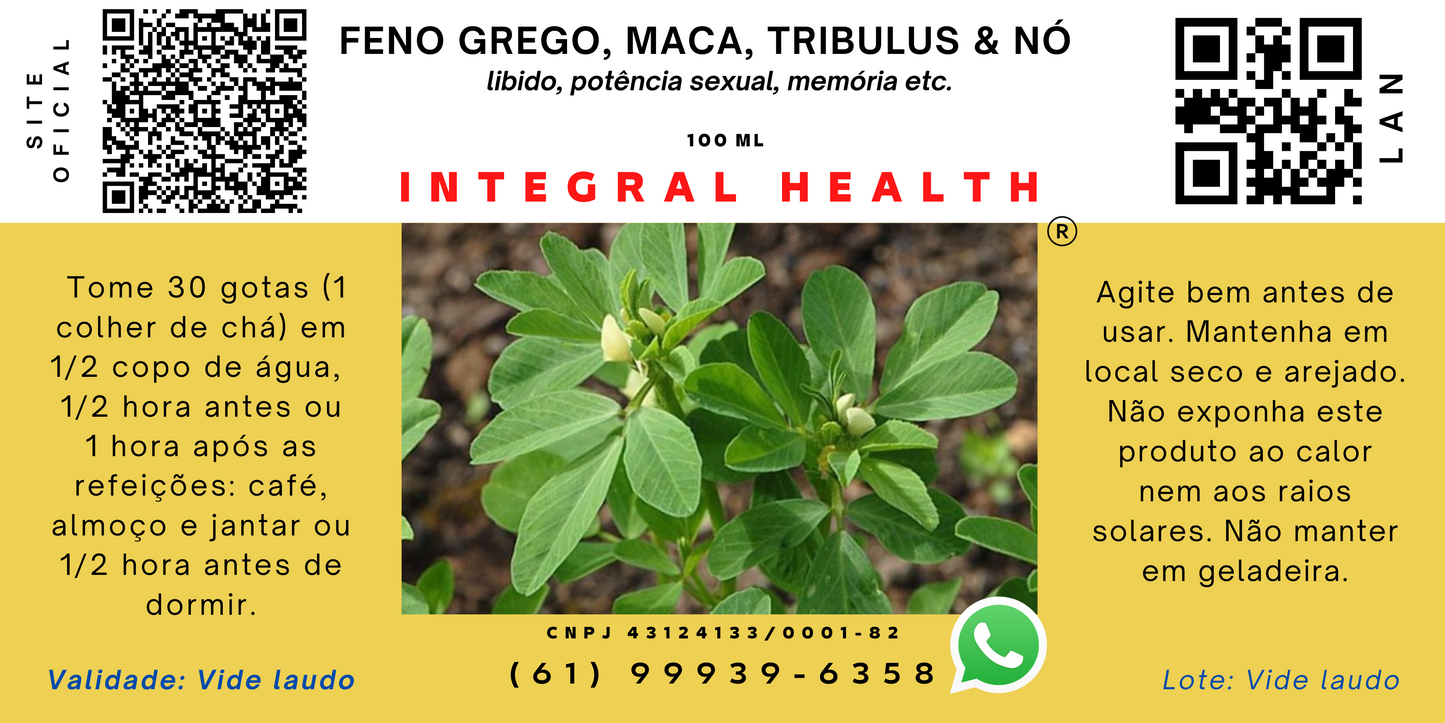 Libido, Potência Sexual, Testosterona, Memória, Fertilidade, Diabetes, Massa Muscular, Ovário Policístico, Menopausa, Menstruações Irregulares, Cólicas etc. - 2 frascos de 100 ml em vidro âmbar - Feno grego + Maca + Tribulus + Nó de Cachorro