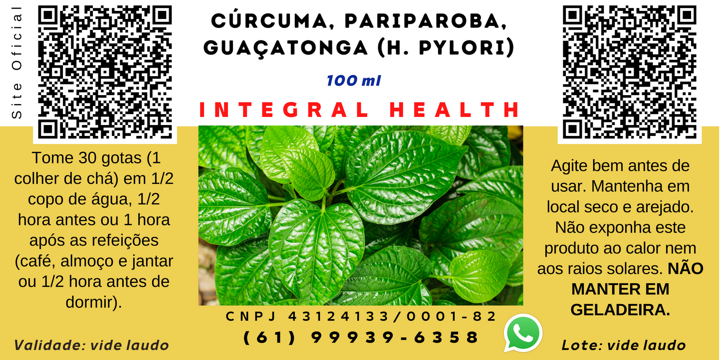 H. Pylori, 200 ml (2 frascos de 100 ml em vidro âmbar) - Açafrão da Terra, Pariparoba, Guaçatonga