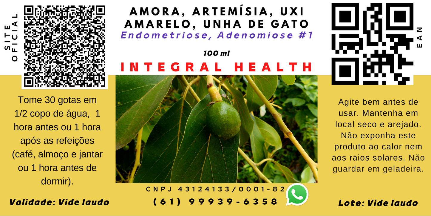 Problemas uterinos: Endometriose, Adenomiose #1, Amenorreia, Ovário Policístico etc. 200 ml (2 frascos de 100 ml em vidro âmbar) - Amora, Uxi Amarelo, Unha de Gato, Artemísia