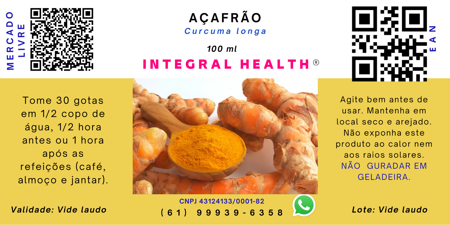 Açafrão + 5% de Piperina, 200 ml - Imunoestimulante, anti-inflamatório, neuroprotetor, cardioprotetor, hepatoprotetor, H. pylori, antidepressivo, câncer, leucemia, inibidor de carboidratos, artrite, artrose, reumatismo, uveíte, H1N1 etc.