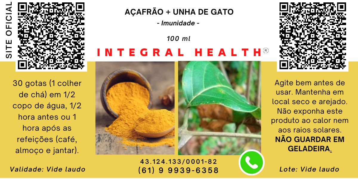 Açafrão + Unha de Gato (IMUNIDADE), 200 ml (2 frascos de 100 ml em vidro âmbar) - Curcuma longa + Uncaria tormentosa