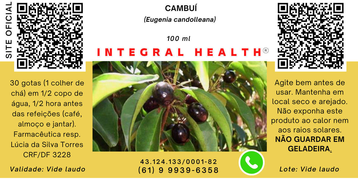 Cambuí Roxo (Insulina Vegetal), 200 ml (2 frascos de 100 em vidro âmbar) - Antioxidante, Obesidade, Colesterol, Aterosclerose, Infarto, AVC, Diabetes, Degeneração Macular, Osteoporose, Insônia, Memória, Ansiedade, Digestão, Melasmas etc.