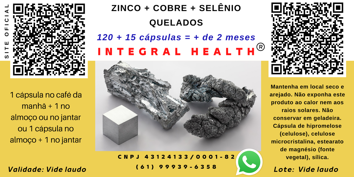Zinco Quelado+ Cobre Quelado + Selênio Quelado- 120 + 15 cápsulas (bônus) com 30 mg + 2 mg + 70 mcg - Estes micro minerais são essenciais para a saúde e, em especial, para a Síndrome de Burnout. Dose completa para + de 2 meses.