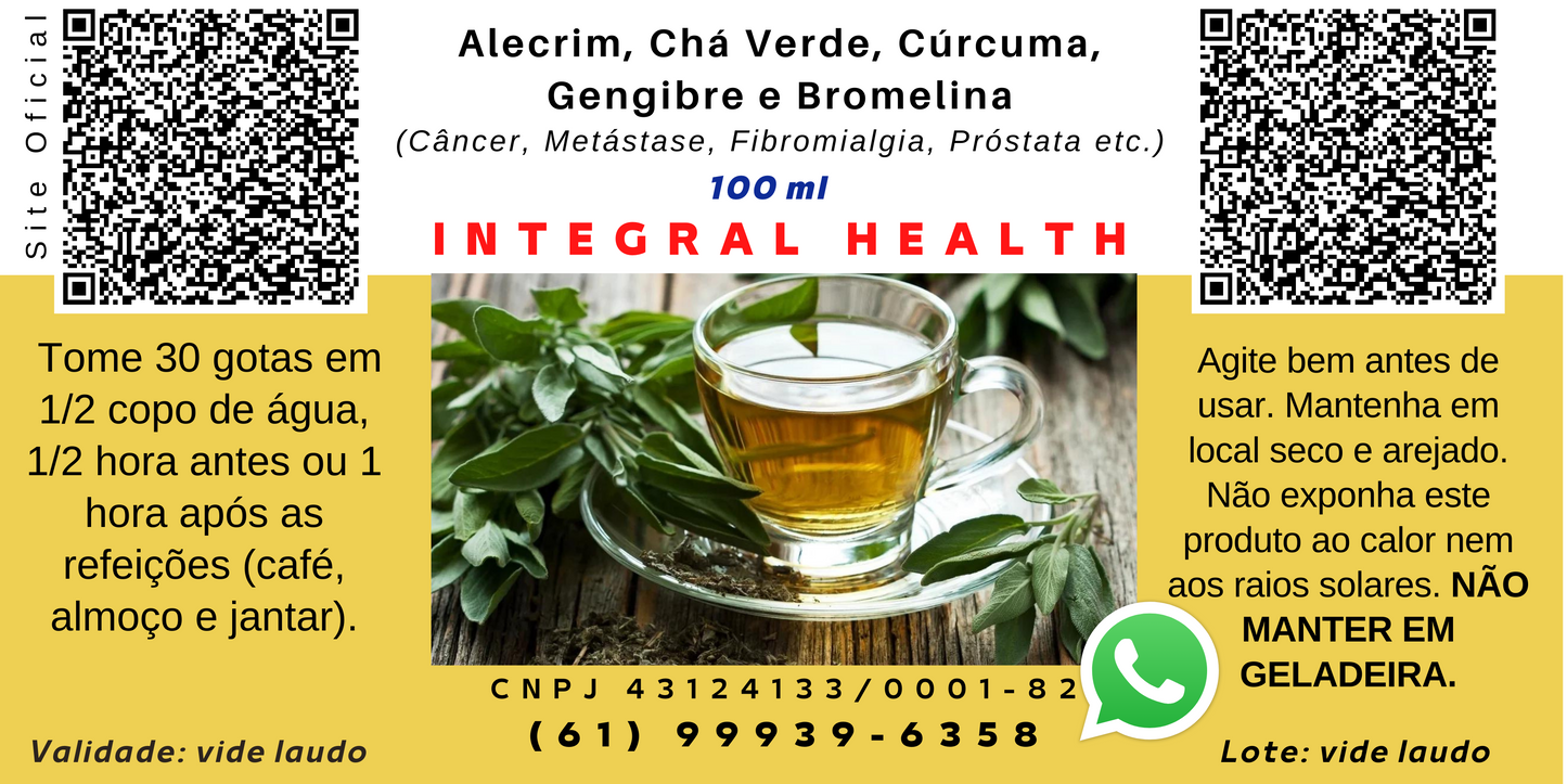 Câncer, Metástase, Próstata, Fibromialgia, Incontinência, Circulação, Trombose, Embolia, Diabetes, Catarata, Degeneração Macular, Estômago e Intestino, Neuroproteção, 200 ml (2 frascos de 100 ml em vidro âmbar) - Alecrim, Chá Verde, Cúrcuma, Gengibre...