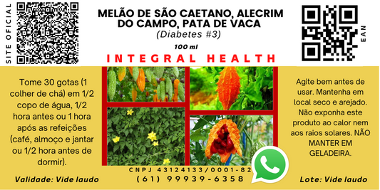 DIABETES #3 - Redução da Glicemia, 200 ml (2 frascos de 100 ml em vidro âmbar) – Melão de São Caetano, Alecrim do Campo e Pata de Vaca