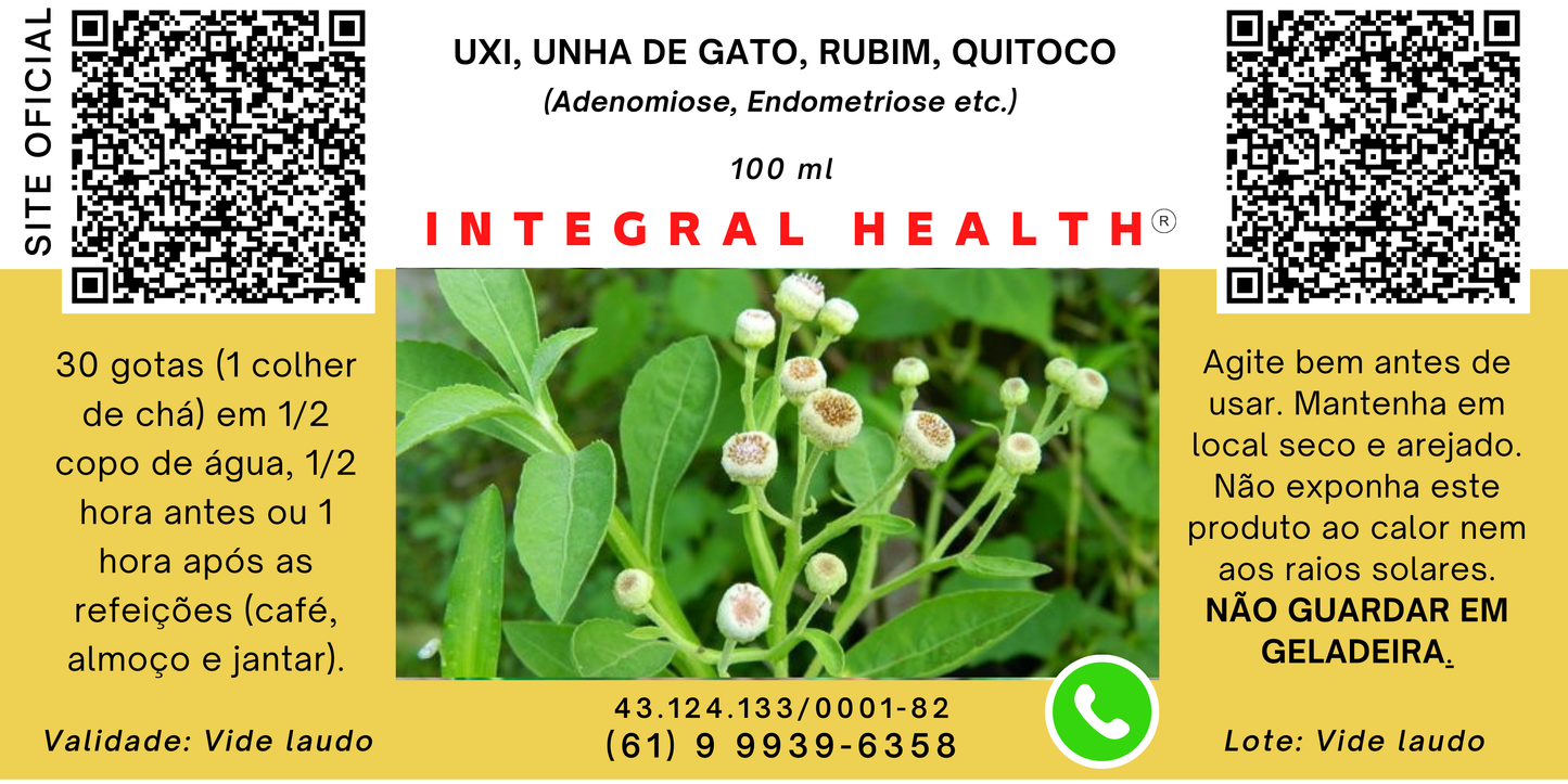 ADENOMIOSE, ENDOMETRIOSE, 200 ml (2 frascos de 100 ml em vidro âmbar) - Uxi Amarelo, Unha de gato, Rubim e Quitoco. VEJA TAMBÉM OUTRAS PROPRIEDADES.