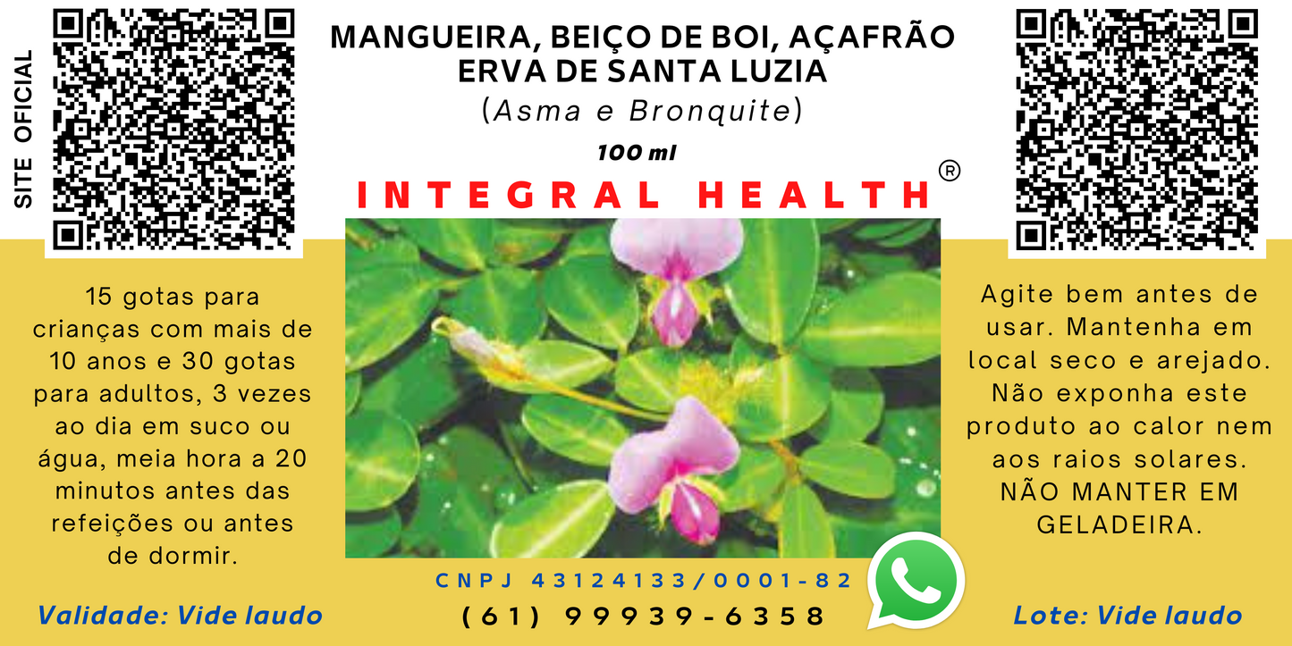 Asma e Bronquite, 200 ml (2 frascos de 100 ml em vidro âmbar – Casca de Mangueira, Carrapicho-beiço-de-boi, Açafrão e Erva de Santa Luzia.