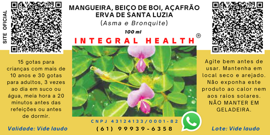 Asma e Bronquite, 200 ml (2 frascos de 100 ml em vidro âmbar – Casca de Mangueira, Carrapicho-beiço-de-boi, Açafrão e Erva de Santa Luzia.