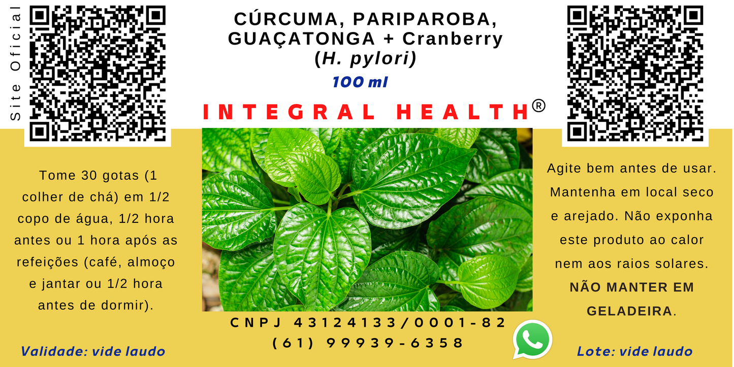 H. Pylori, 200 ml (2 frascos de 100 ml em vidro âmbar) - Açafrão da Terra, Pariparoba, Guaçatonga + Cranberry (GRÃOS).