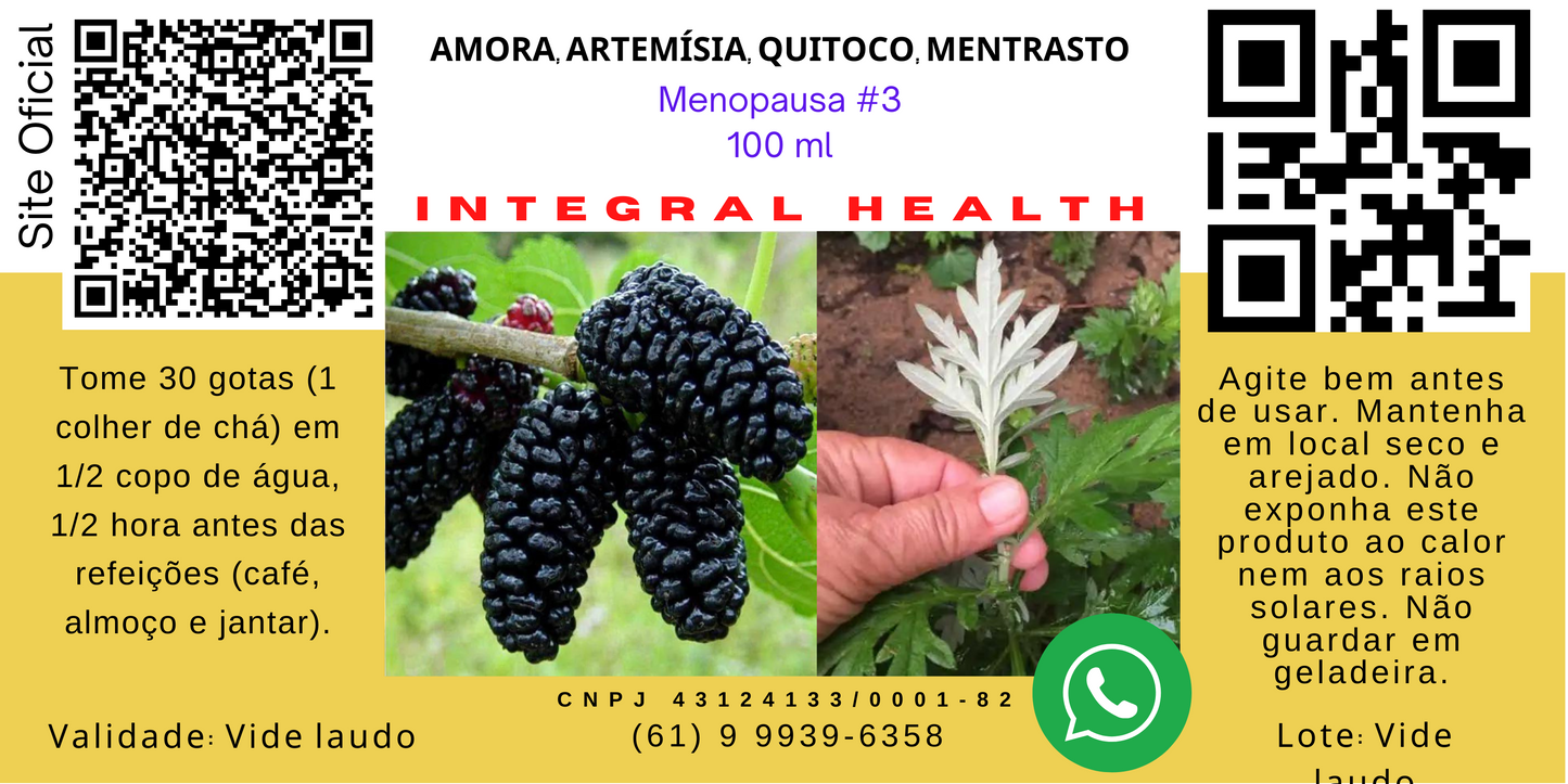 Cólicas e Fluxo Menstrual Excessivo, Desequilíbrio Hormonal, TPM e também Climatério e Menopausa (#3), 200 ml (2 frascos de 100 ml em vidro âmbar) - Amora, Artemísia, Quitoco e Mentrasto