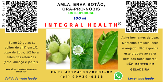 OSTEOPOROSE - TRATAMENTO RÁPIDO E EFICAZ - Compoto de Amla, Erva Botão e Ora-pro-nóbis. (2 frascos de 100 mll em vidro âmbar).