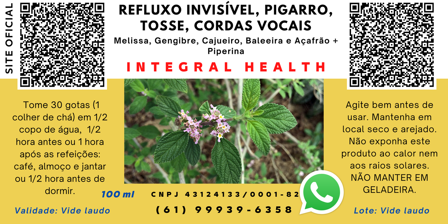 Pigarro, Catarro, Afonia, Tosse Persistente, Asma, Bronquite, Gripe, Irritação na Garganta, Cordas Vocais, Refluxo Invisível (laringofaríngeo) etc. - 200 ml - Melissa (Lippia alba), Gengibre, Casca de Cajueiro, Erva Baleeira, Açafrão + 5% de Piperina.