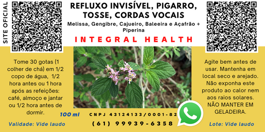 Pigarro, Catarro, Afonia, Tosse Persistente, Asma, Bronquite, Gripe, Irritação na Garganta, Cordas Vocais, Refluxo Invisível (laringofaríngeo) etc. - 200 ml - Melissa (Lippia alba), Gengibre, Casca de Cajueiro, Erva Baleeira, Açafrão + 5% de Piperina.