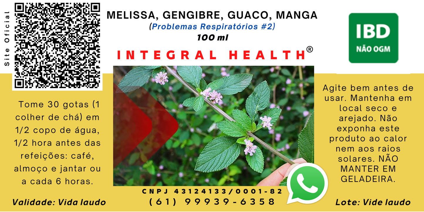 Problemas Pulmonares #1 - Mieloide, Asma, Bronquite, Gripe, Enfisema, Resfriado, Rinite, etc. 200 ml - Guaco, Melissa, Gengibre e casca de Mangueira.