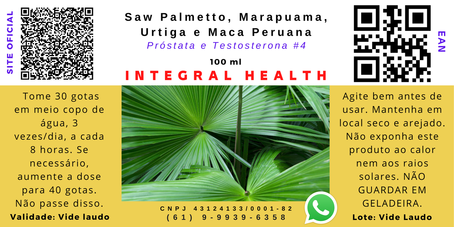 Próstata e Testosterona #4, 200 ml (2 frascos de 100 ml em vidro âmbar) - Saw Palmetto, Marapuama, Urtiga e Maca Peruana.