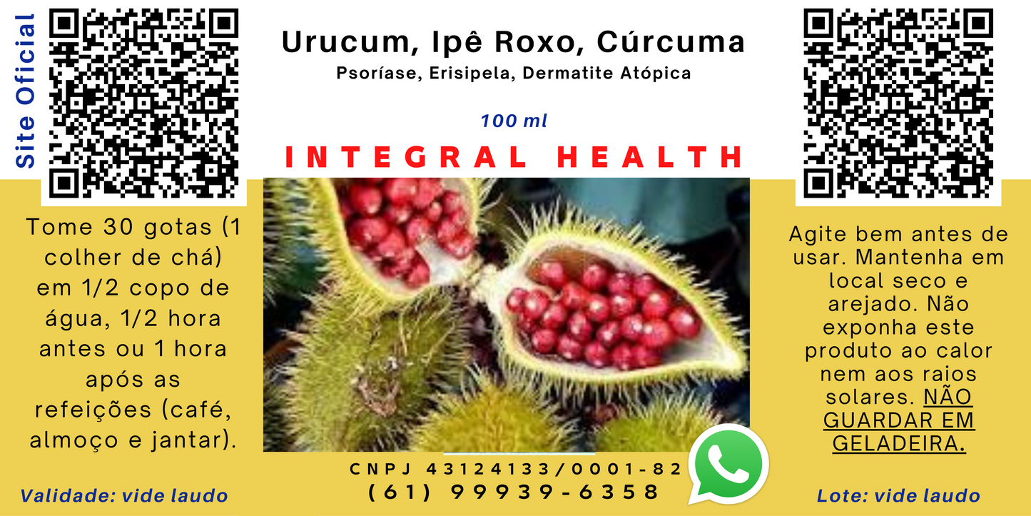 Psoríase, Erisipela, Dermatite Atópica etc., 200 ml (2 frascos de 100 ml em vidro âmbar) - Urucum, Ipê Roxo, Açafrão com 5% de Piperina.