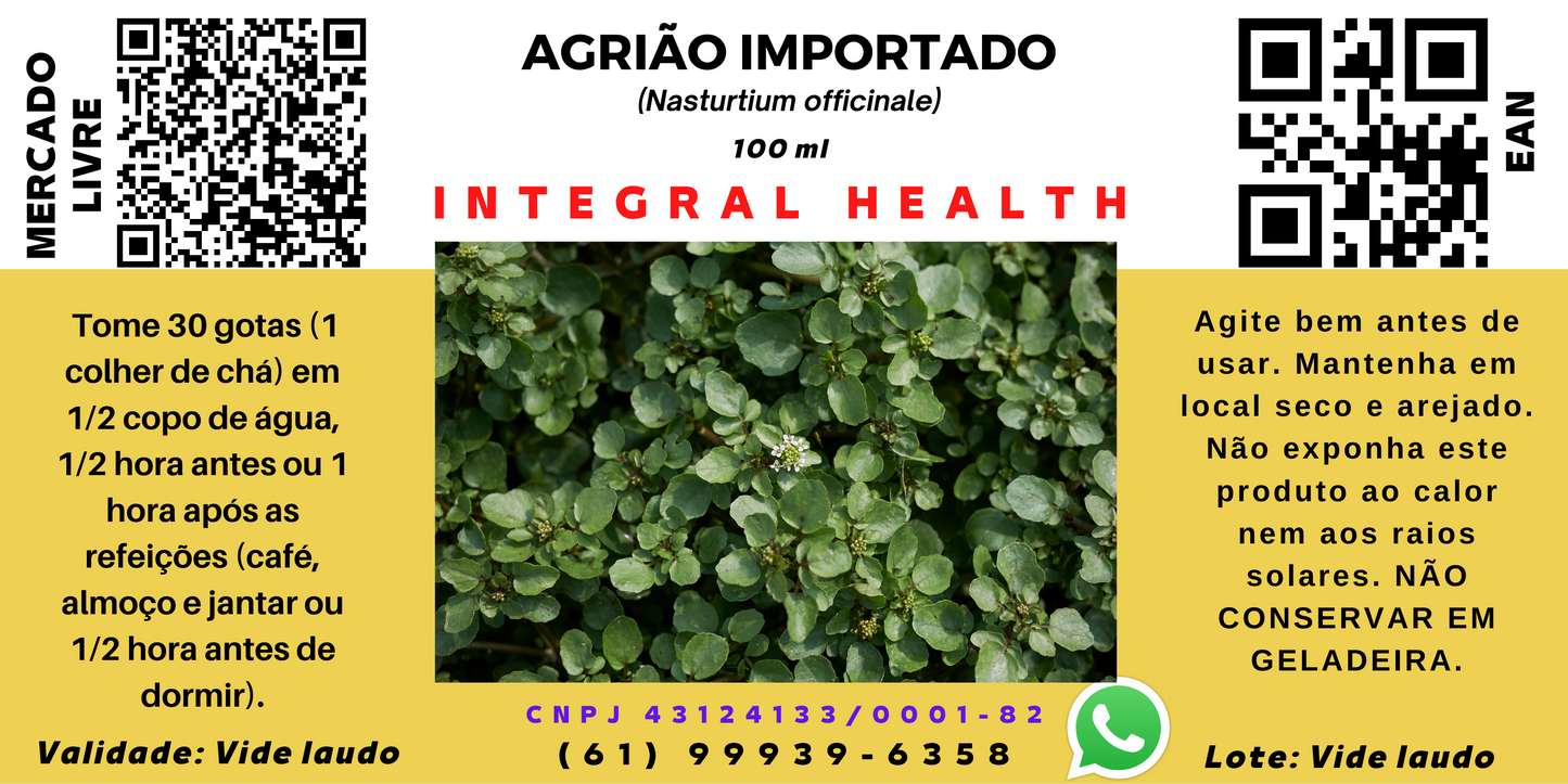 Agrião Importado, 200 ml (2 frascos de 100 ml em vidro âmbar)  - Nasturtium officinale