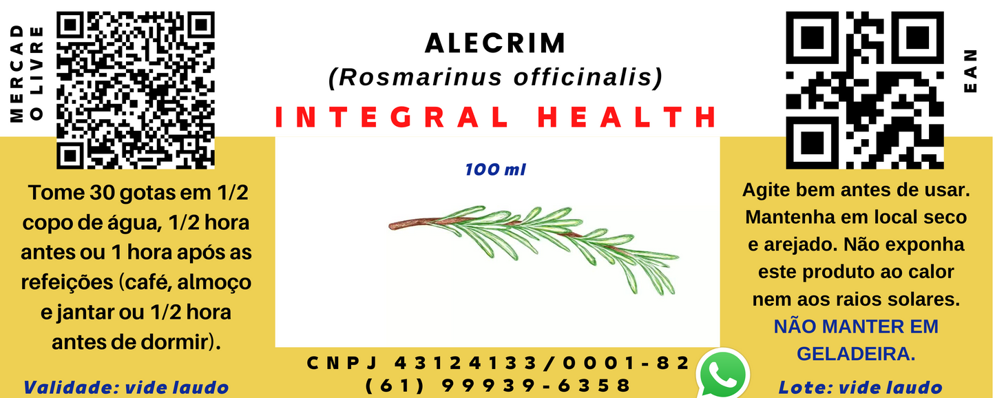 Alecrim, 200 ml (2 frascos de 100 ml em vidro âmbar) Rosmarinus officinalis