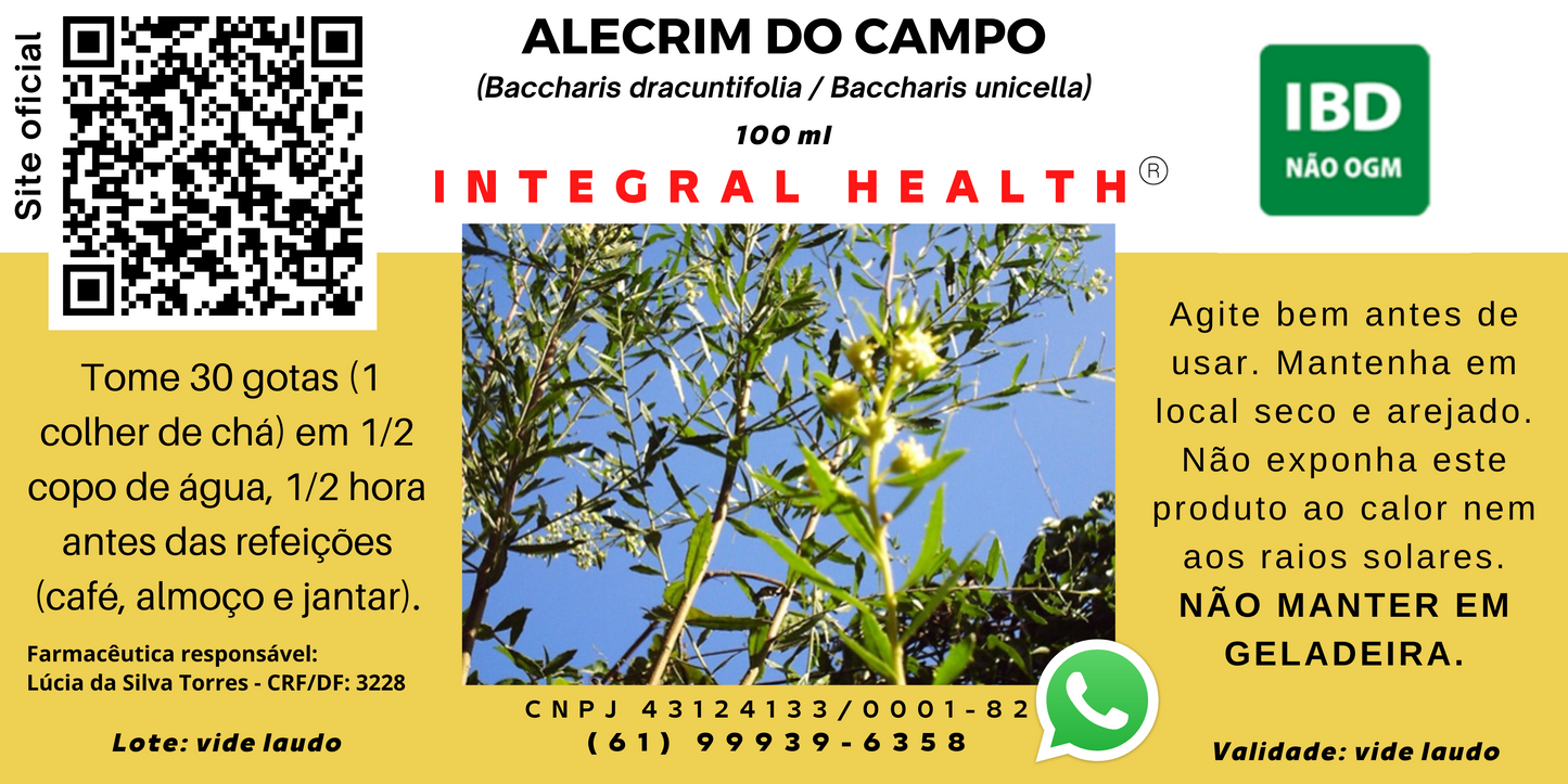 Alecrim Do Campo, 200 ml- Baccharis dracuntifolia / unicella - Controla Diabetes, Recupera o Pâncreas, Prevenção do Câncer, Protetor do Fígado, Úlceras gástricas, Candidíase, Carrapatos etc.