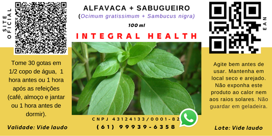Alfavaca + Sabugueiro, 200 ml (2 frascos de 100 ml em vidro âmbar) - Asma, Bronquite, Diarreia, Estômago, Fígado, Gripes, Intestino, Mau Hálito, Tosse, Secreções, Diabetes, Hipertensão, Colesterol, Ansiedade, Degeneração Macular, Glaucoma etc.