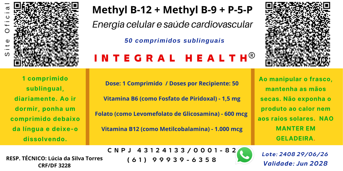 (1) Metil B-12 + B-9 Metilfolato + B-6 P-5-P - Energia do Metabolismo Celular e Saúde Cardiovascular - Indispensável p/bariátricos - 50 tabletes sublinguais - Comercialização autorizada através do Anexo I da RD 240/2018 da ANVISA.