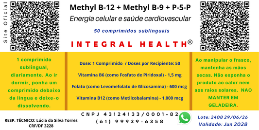 (1) Metil B-12 + B-9 Metilfolato + B-6 P-5-P - Energia do Metabolismo Celular e Saúde Cardiovascular - Indispensável p/bariátricos - 50 tabletes sublinguais - Comercialização autorizada através do Anexo I da RD 240/2018 da ANVISA.