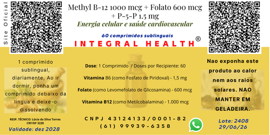 (1) Metil B-12 + B-9 Metilfolato + B-6 P-5-P - Energia do Metabolismo Celular e Saúde Cardiovascular - Indispensável p/bariátricos - 60 tabletes sublinguais - Comercialização autorizada através do Anexo I da RD 240/2018 da ANVISA.