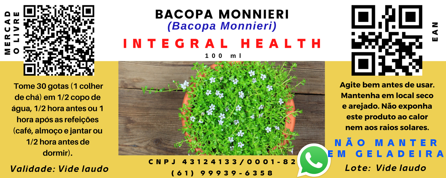 Bacopa monnieri, 200 ml (2 frascos de 100 ml em vidro âmbar) - Autismo, Memória, Inteligência, Alzheimer, Parkinson, TDA, TDHA etc. Tempo de uso: 45 dias.