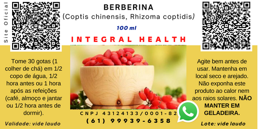 Berberina - Huang Lian, 200 ml (2 frascos de 100 ml em vidro âmbar: Resistência insulínica, redução de açúcar no sangue, controle do colesterol e triglicerídeos, síndrome metabólica e proteção contra neuropatias...