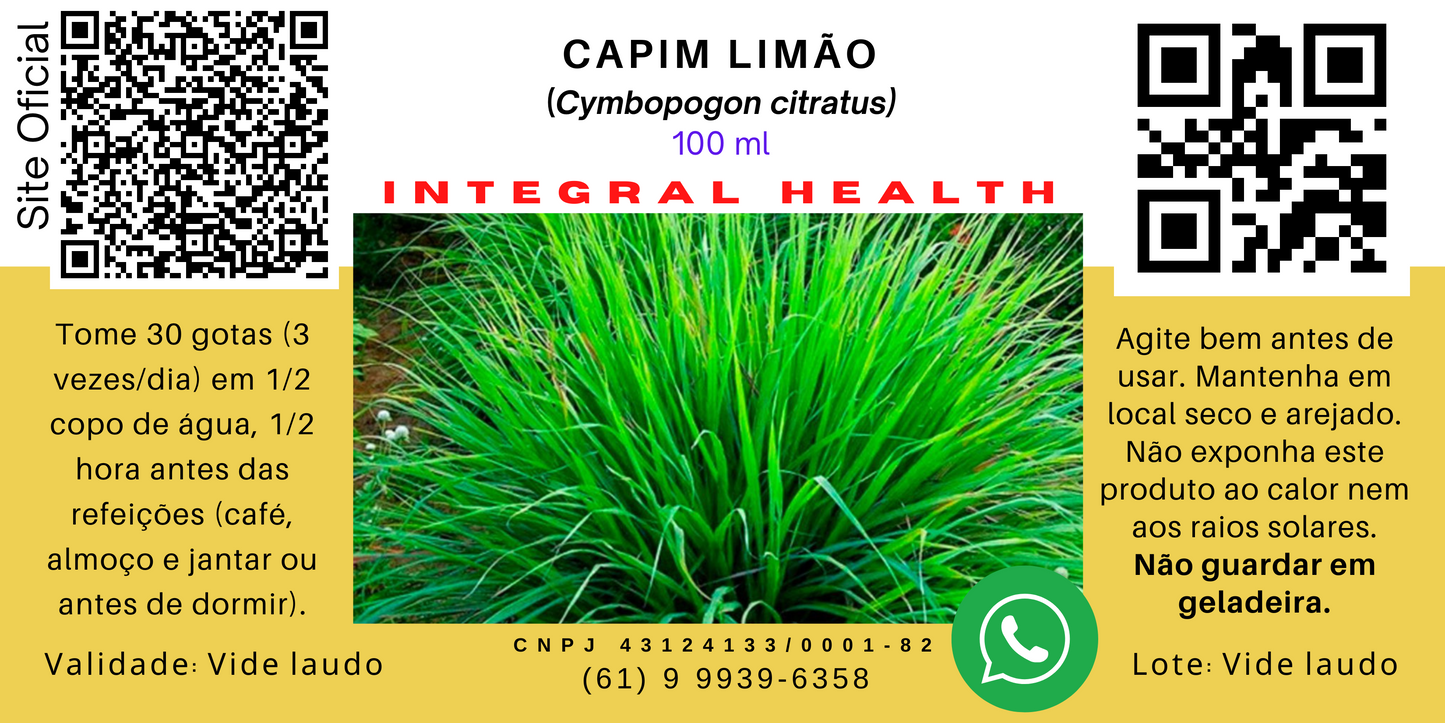 Capim Limão (Capim Santo, Capim Cidreira) 200 ml (2 frascos de 100 ml em vidro âmbar) - Cymbopogon citratus