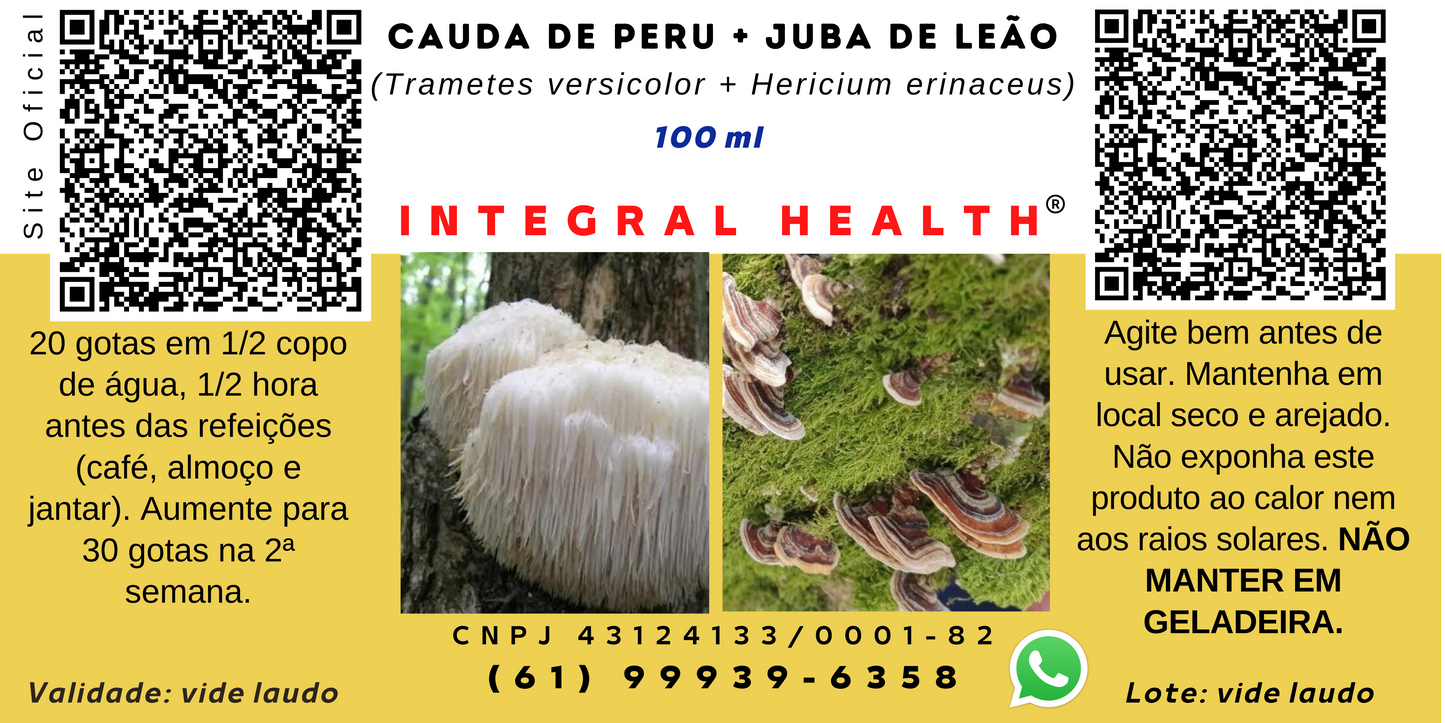 Composto Bioativo de Cogumelos Cauda de Peru e Juba de Leão, 200 ml (2 frascos de 100 ml em vidro âmbar) - Veja todos os benefícios. Leia a descrição e assista os vídeos.