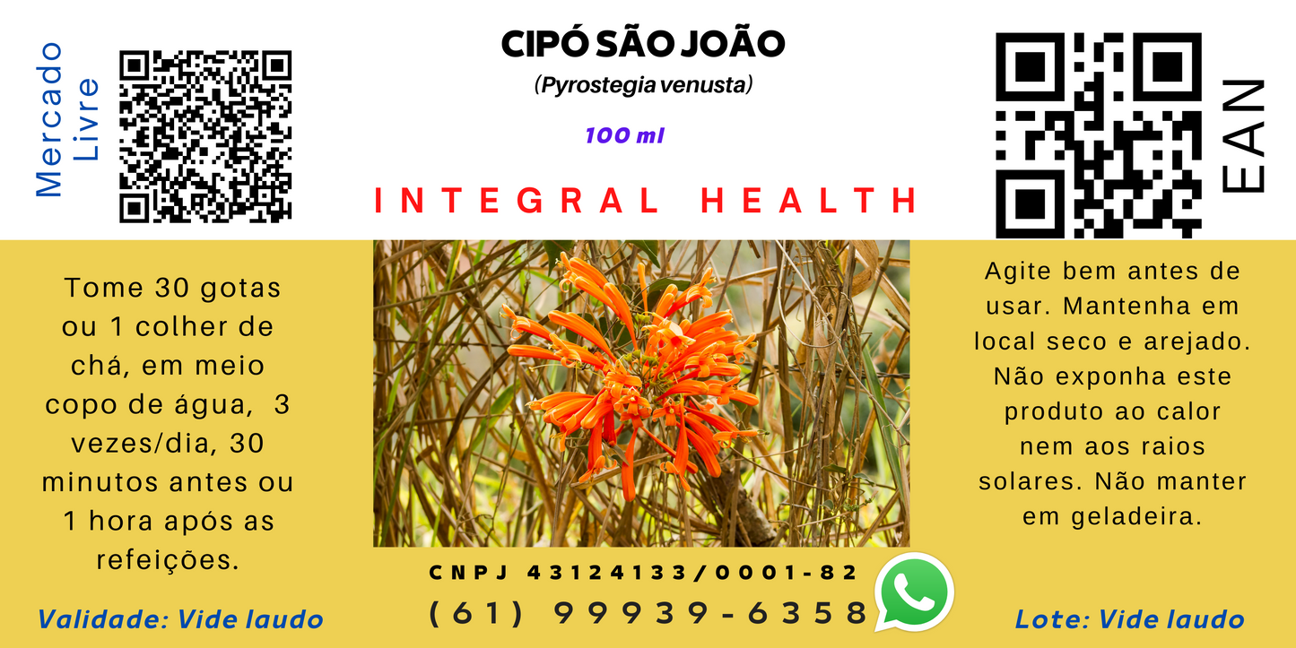 Cipó São João, 200 ml - Pyrostegia venusta - Melanomas, Vitiligo, Ação Anti-inflamatória e Respiratória, Saúde Digestiva, Ação Fitoenergética etc. Veja todos os benefícios nesta descrição.