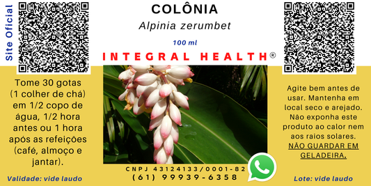 Colônia (Alpinia zerumbet) - 200 ml – TPM, Auxiliar na inibição da colagenase, tirosinase, no controle da hipertensão arterial, arteriosclerose, depressão cardíaca, taquicardias, nos problemas estomacais, como a gastrite, na ansiedade e depressão etc.