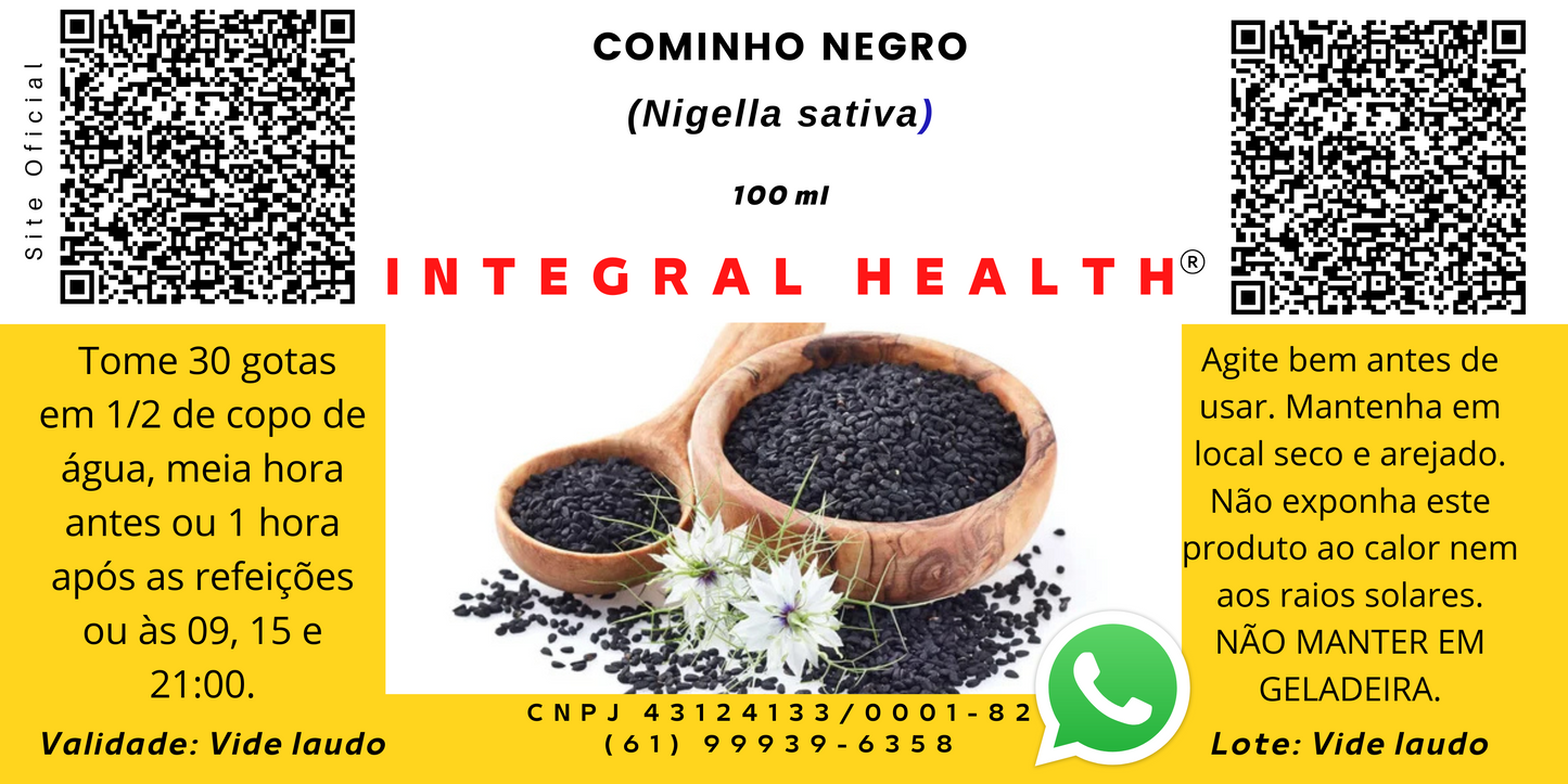Cominho Negro, 200 ml (2 frascos de 100 ml em vidro âmbar) - Alzheimer, Autismo, Epilepsia, Parkinson, Hashimoto, Hipotireoidismo, Asma, Rinite, Colesterol, Diabetes, Digestão, Emagrecimento e muito mais.