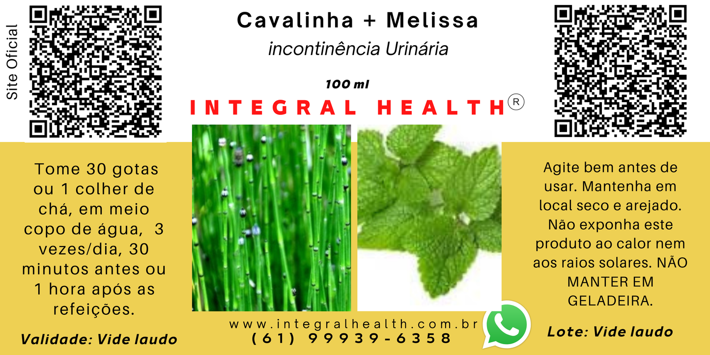 INFECÇÃO URINÁRIA - Cavalinha e Melissa (erva cidreira verdadeira) - 200 ml (2 frascos de 100 ml em vidro âmbar).