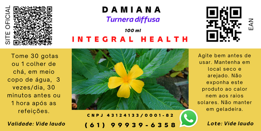 Damiana (Libido, Impotência, Fertilidade, Problemas uterinos, intestinais, respiratórios, enfisema, estômago, esclerose lateral amiotrófica, diabetes etc.), 200 ml (2 frascos de 100 ml em vidro âmbar) - Turnera difusa