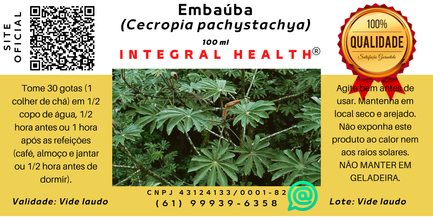 Embaúba - 200 ml (2 frascos de 100 ml em vidro âmbar)- Coração grande (Cardiomegalia), Hipertensão, Taquicardia, Tosse, Asma, Infecções como tuberculose e coqueluche, Feridas na pele, Alterações renais, cardíacas ou do sistema nervoso, Disenteria etc.