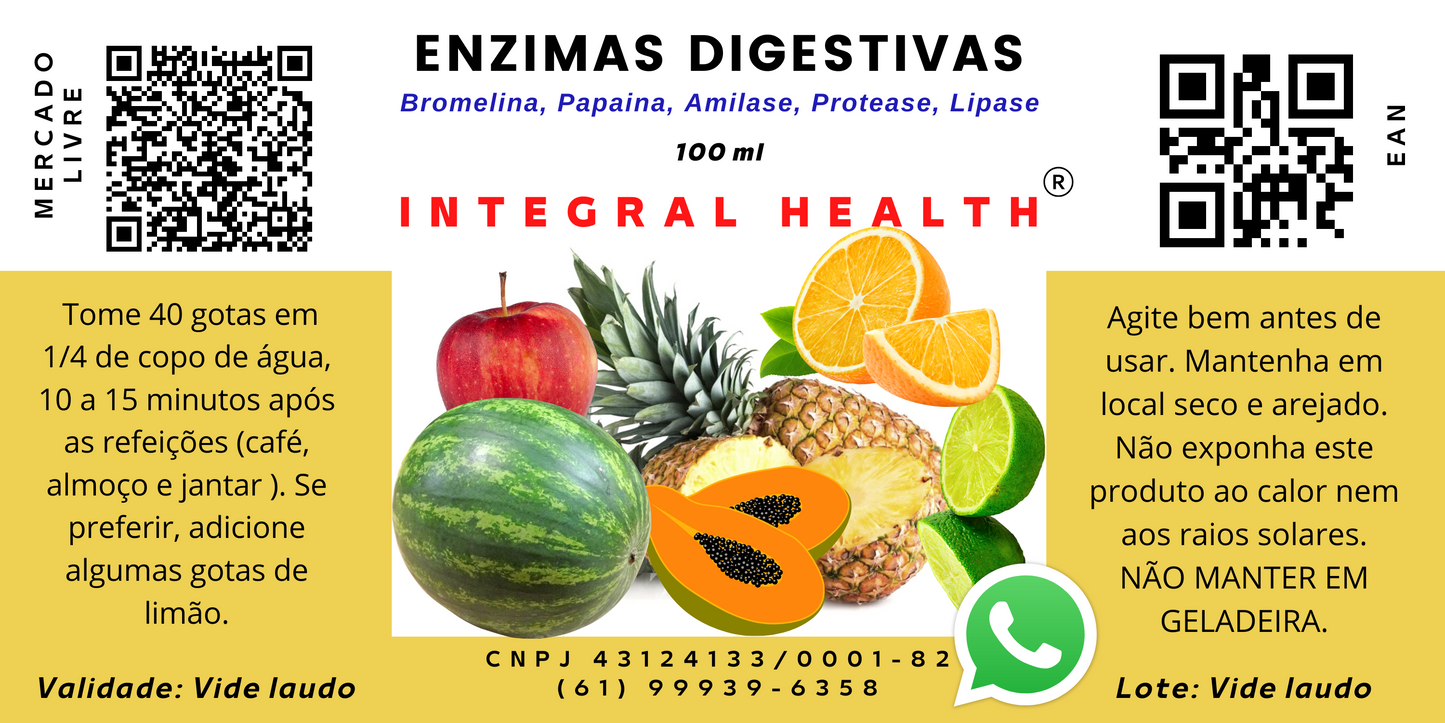 Enzimas Digestivas em Tintura e Cápsulas, H. pylori, 200 ml - Bromelina, Actinidina, Papaína, Catepsina, Pepsina e Tripsina. (Sem Lipase e Amilase)