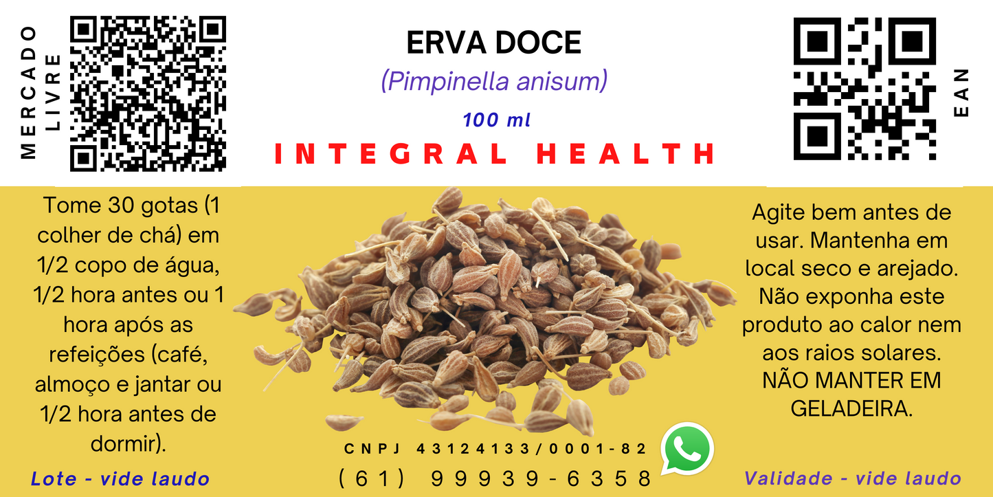 Erva-Doce, 200 ml - Problemas digestivos, azia, gases, cólicas, prisão de ventre, dor de cabeça, enxaqueca, antibiótico, anti-inflamatório, antiviral, antibacteriano, antifúngico, anticoagulante etc.