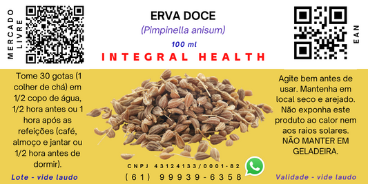 Erva-Doce, 200 ml - Problemas digestivos, azia, gases, cólicas, prisão de ventre, dor de cabeça, enxaqueca, antibiótico, anti-inflamatório, antiviral, antibacteriano, antifúngico, anticoagulante etc.