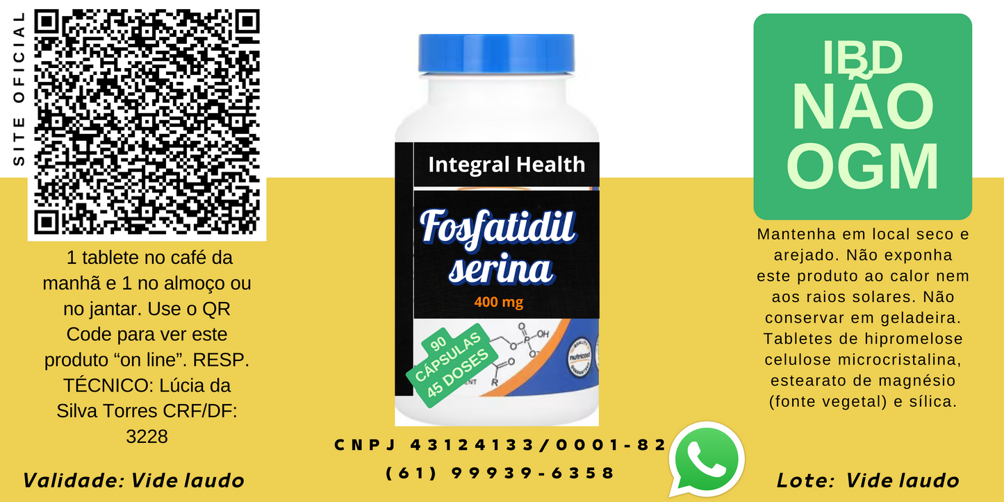 Fosfatidilserina, 90 cápsulas de 300 mg - TDAH, Neuroprotetor, Memória, Concentração, Aprendizado, Performance Física, Fadiga, Saúde Mental, Equilíbrio Emocional, Funções Cognitivas, Massa Muscular, Qualidade do Sono, Motivação, Humor etc.