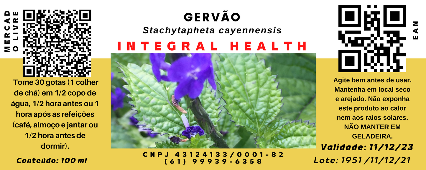 Gervão, 200 ml (2 frascos de 100 ml em vidro âmbar) - Antioxidante, Imunoestimulante, Infecções Intestinais, Desparasitação, Anti-inflamatório, Gastrite, Amigdalite, Diabetes, Colesterol, Leishmaniose, Cólicas, Diarreias, Gases, Insônia, Epilepsia.