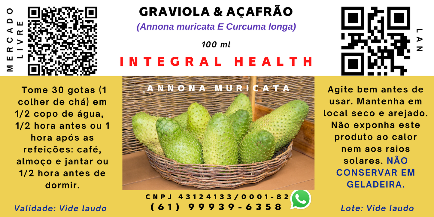 Graviola e Açafrão, 200 ml (2 frascos de 100 ml em vidro âmbar)- Annona muricata e Curcuma longa