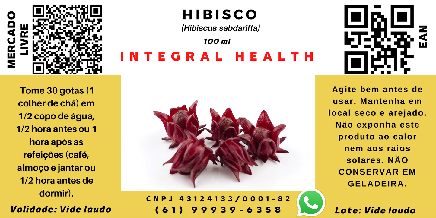 Hibisco, 200 ml (2 FRASCOS DE 100 ML EM VIDRO ÂMBAR)- Hibiscus sabdariffa