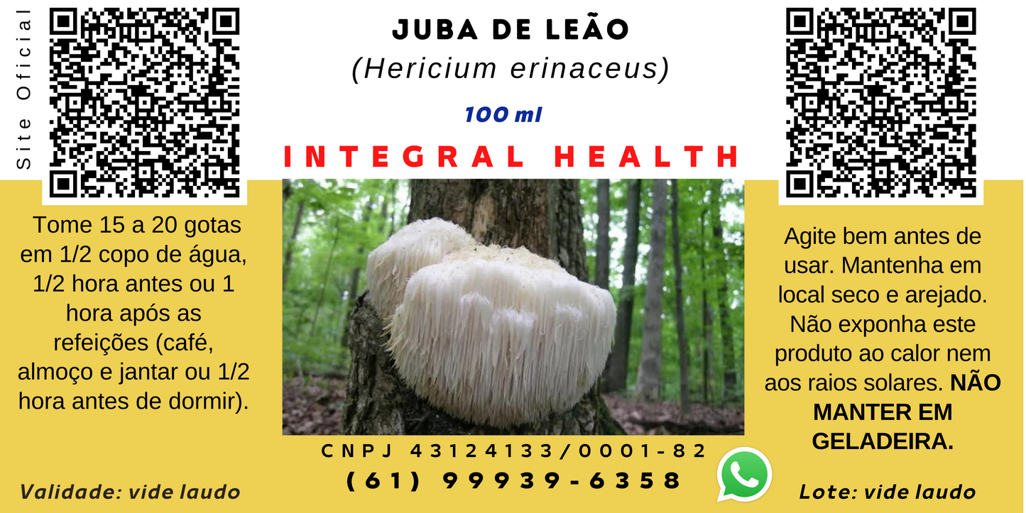 Cogumelo Juba de Leão (Hericium erinaceus), 200 ml (2 frascos de 100 ml em vidro âmbar) - (corpo de frutificação) (padronizado para 45% de betaglucanos) (quelado biologicamente)