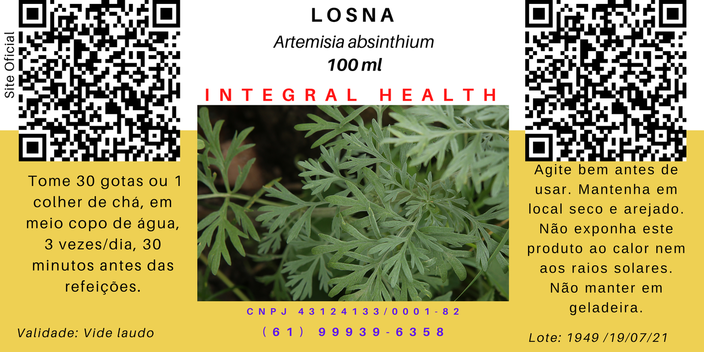 Losna, 200 ml - Digestão, produção de saliva, sucos gástrico, biliares, pancreáticos e peristaltismo intestinal, prisão de ventre, problemas hepáticos, estimulante da vesícula, vermífuga e antimalárica, antitérmica, protetora cerebral contra AVC.