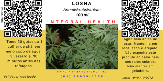 Losna, 200 ml - Digestão, produção de saliva, sucos gástrico, biliares, pancreáticos e peristaltismo intestinal, prisão de ventre, problemas hepáticos, estimulante da vesícula, vermífuga e antimalárica, antitérmica, protetora cerebral contra AVC.