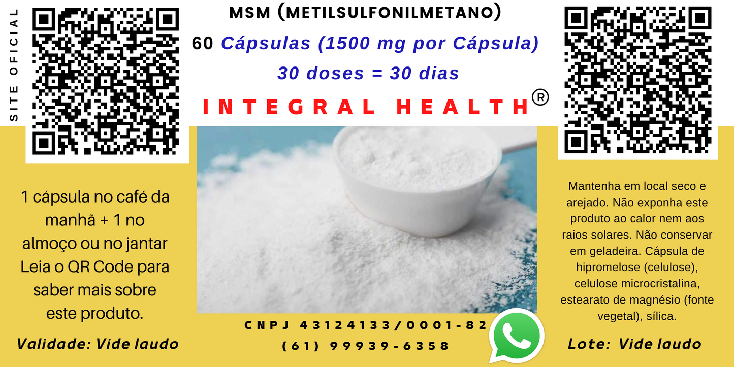 MSM - Enxofre Orgânico (Metilsulfonilmetano) - 120 cápsulas de 1500 mg = 2 meses