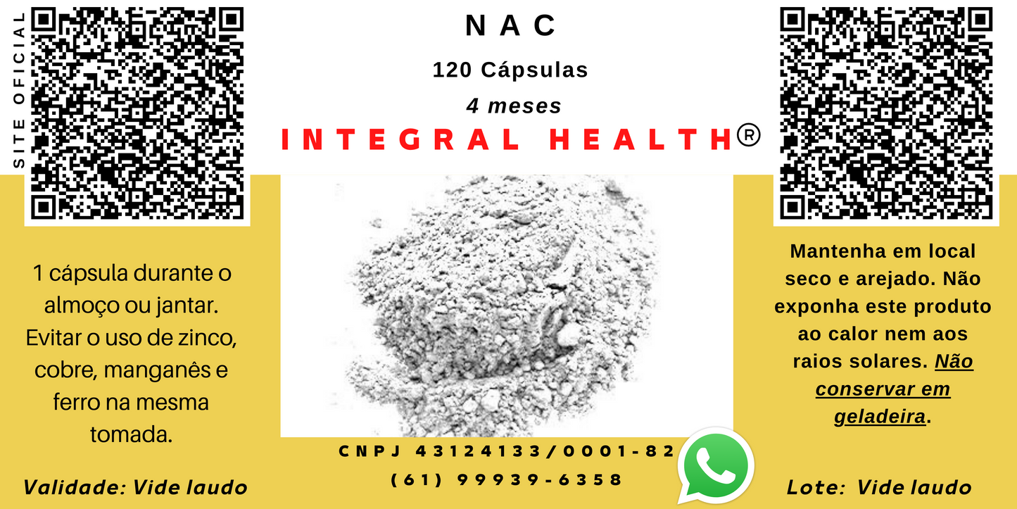 NAC, 120 cápsulas - Insuficiências Hepática e Renal, H. Pylori, Amiloide, Enfisema, Pneumonia, Pleurite, Asma, Rinite, Bronquite, Autismo, Tricotilomania, Roer Unhas, Compulsão por drogas, Imunidade, Acne, Olhos, Ovário Policístico, Zumbido no Ouvido etc.